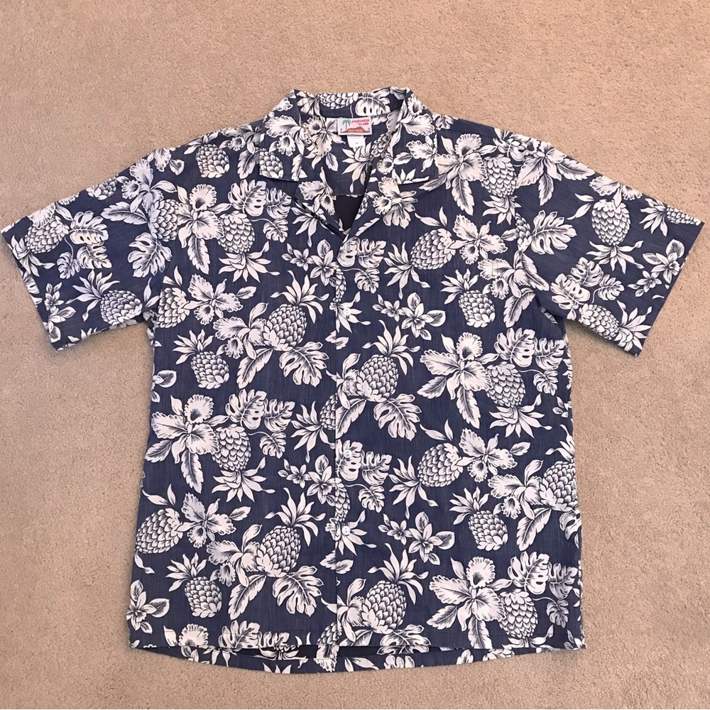 Evergreen Island Mens Hawaiian Camp Shirt XL Blue White Pineapple Made In Hawaii